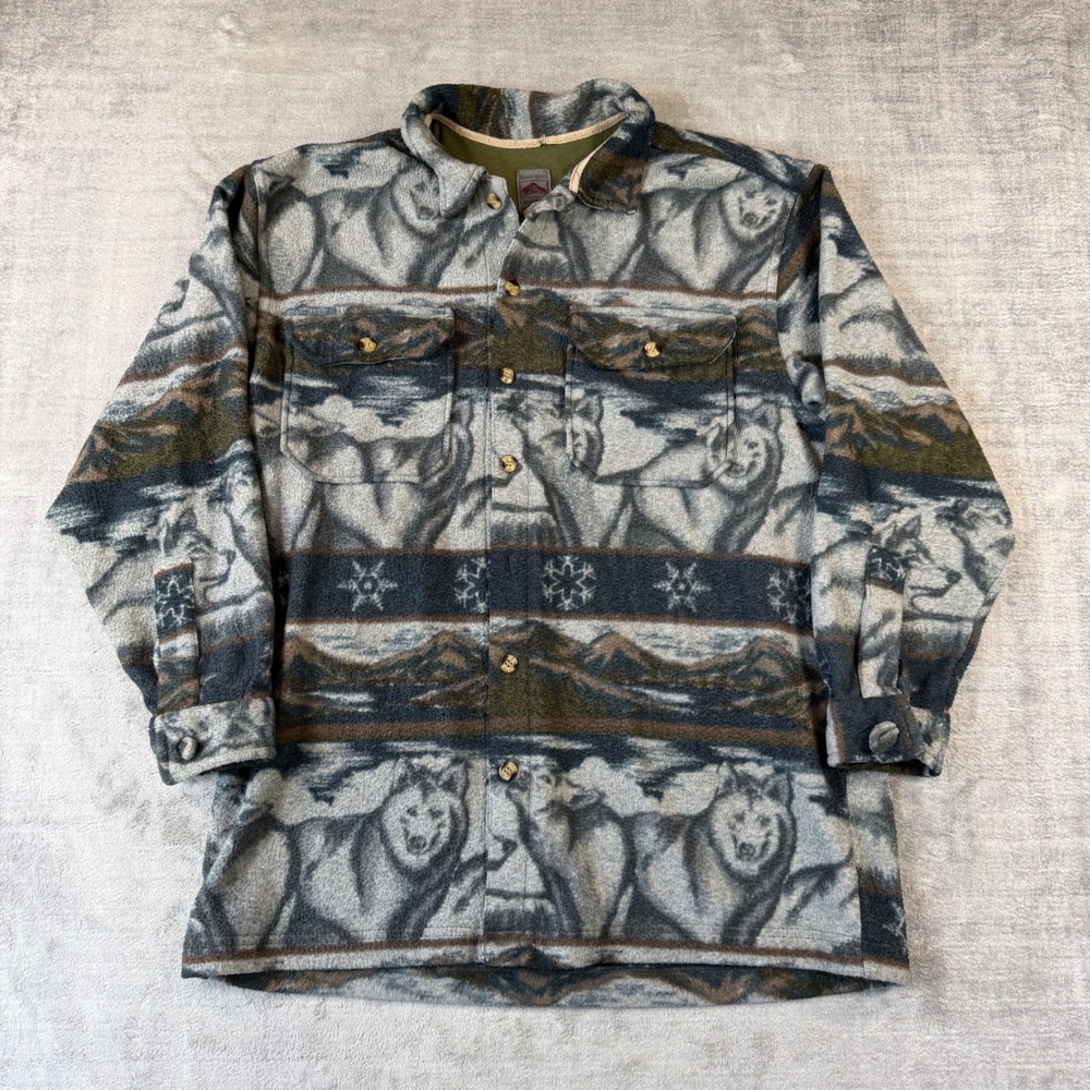 Daniel David Shirt Mens Medium Gray Vtg 90s Wolf Mountain Fleece Shacket Nature